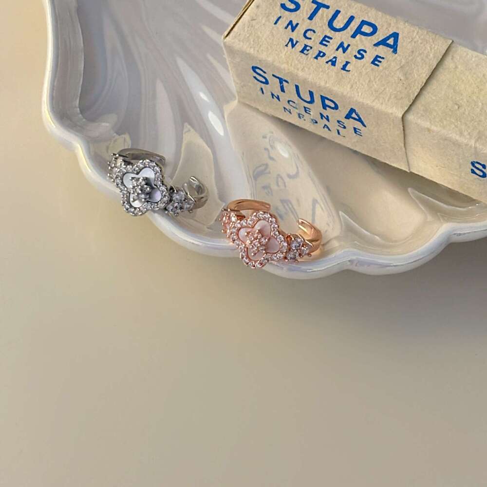 Palace Style Natural Pink Mother-of-Pearl Clover Open French High-End Super Fairy Design Four-Leaf Flower Women's Ring 6ca