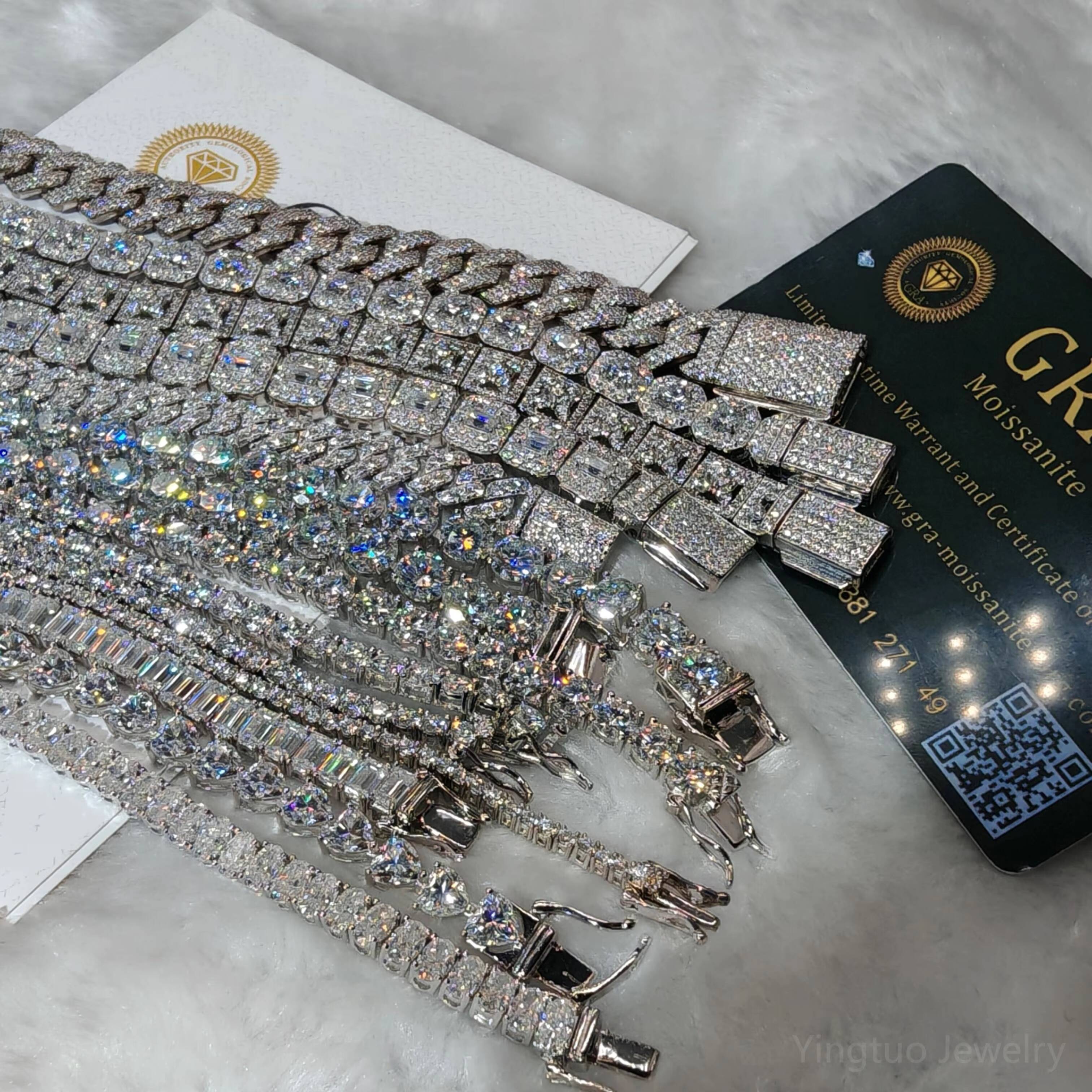 GRA Certification 925 Silver VVS Ice Cut Moissanite Tennis Chain Necklace Bracelet Hiphop Style Cuban Link Chain Necklace