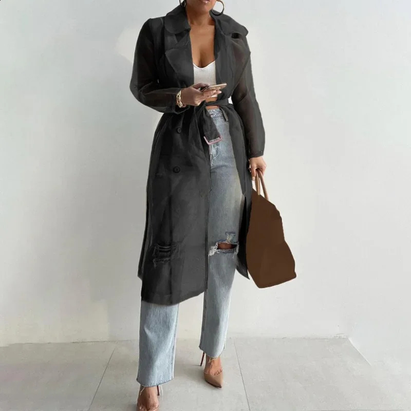 Elegant Shirts Trench Coat for Women Fashion See Through Lace Up Spring Solid Sheer Mesh Long Sleeve Buttoned with Belt 250730