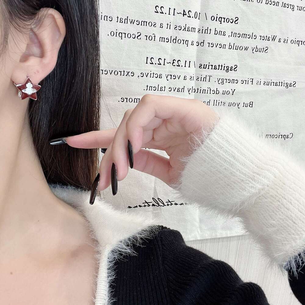 Super New French Enamel Black and Red Five-Pointed Star Double-Sided Saturn Earrings Elegant Fashion High-End Sense Ear Clips for Women a6f