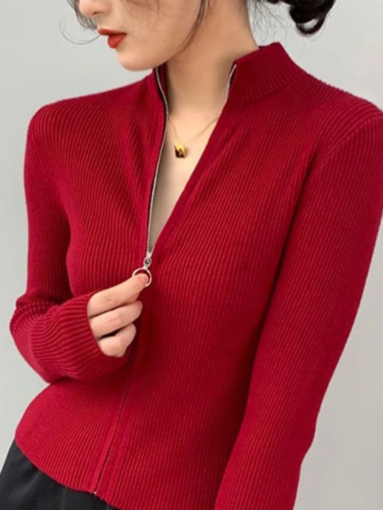 Spring Autumn Zipper Cardigan Women Sweaters Knitted Long Sleeve Standup Collar Tops Korean Fashion Short Sweater for Female 250730