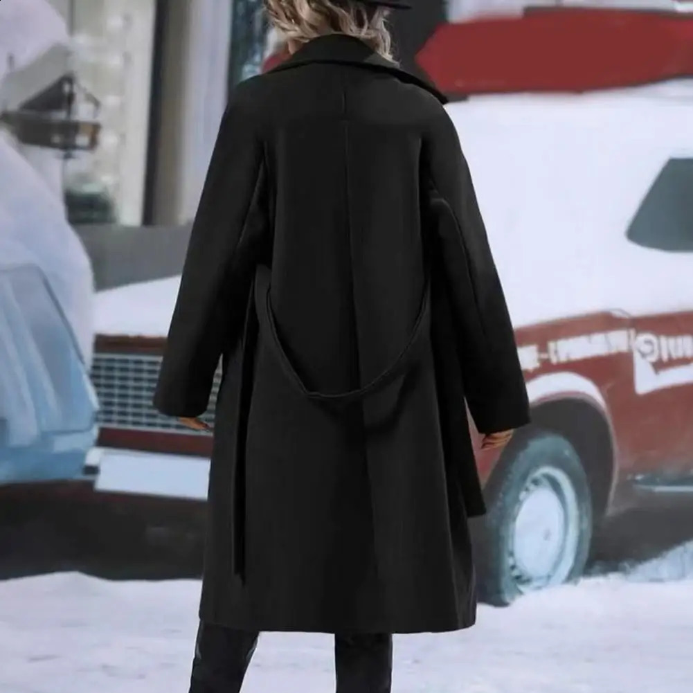 Womens Double Breasted Trench Coat Mid Length Wool Long Sleeve Notched Lapel Overcoat with Belt Fall Winter Outerwear 250730