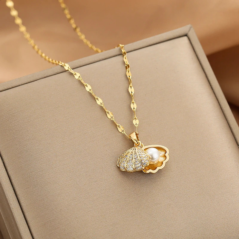 Summer Fashion Crystal Zircon Shell Pearl Pendant Necklace For Women Collar Beach Neck Jewelry 250716