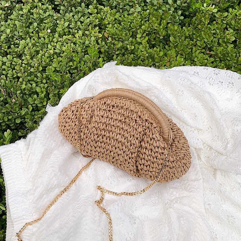 Women Straw Woven Bag Chain Strap Straw Clutch Purse Large Capacity Stylish Crossbody Bag Solid Color for Summer Beach Sac Y250730