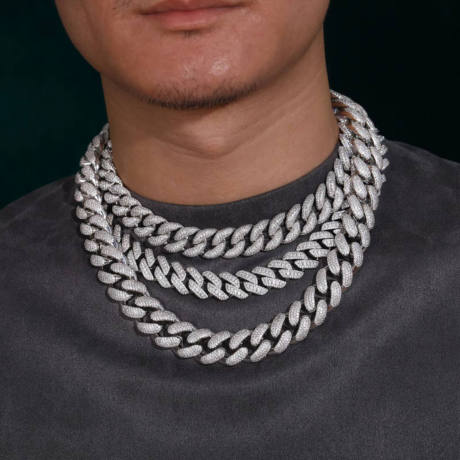 Wholesale Party Jewelry Hip Hop Mens 12mm Gold Plated Silver VVS Moissanite Colorful Iced Out Button Cuban Link Chain