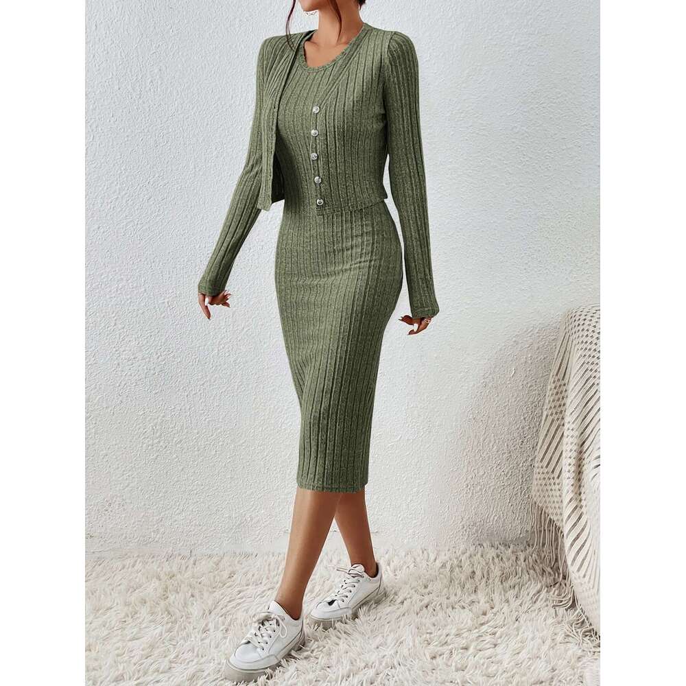Spring Autumn Solid Color Front Button Short Top and Slim Fit Dress Set