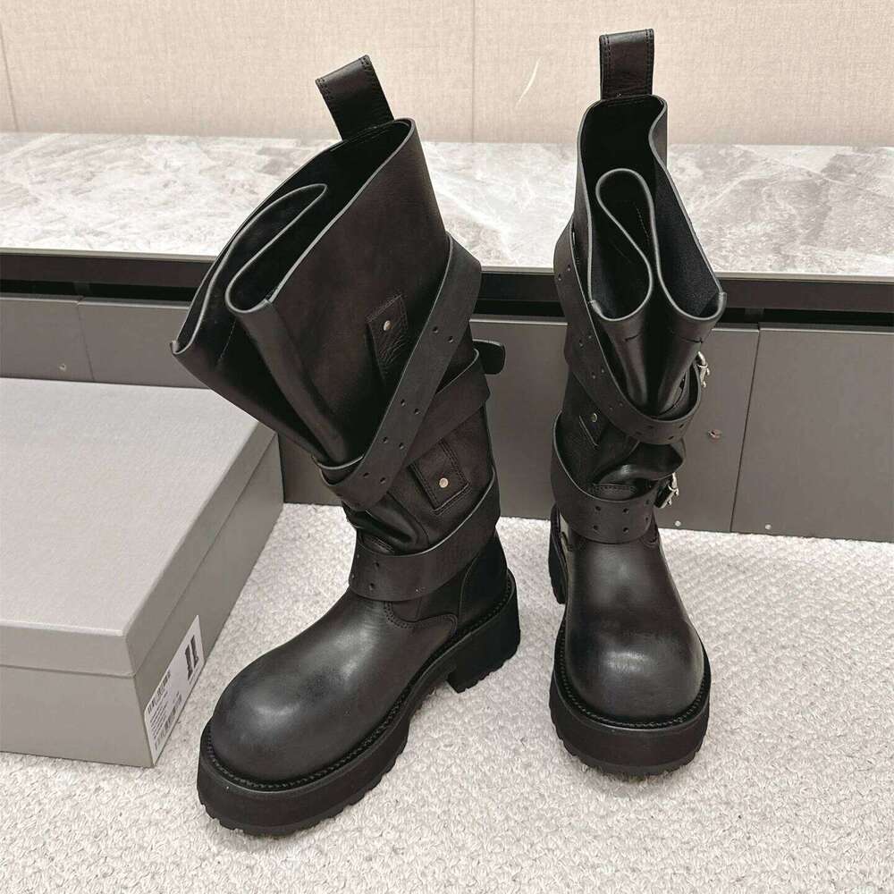 Women Size35-45 Genuine Leather Couple Med Heels Knee High Boots Flat Platform Designer Shoes Zapatillas De Mujer 112