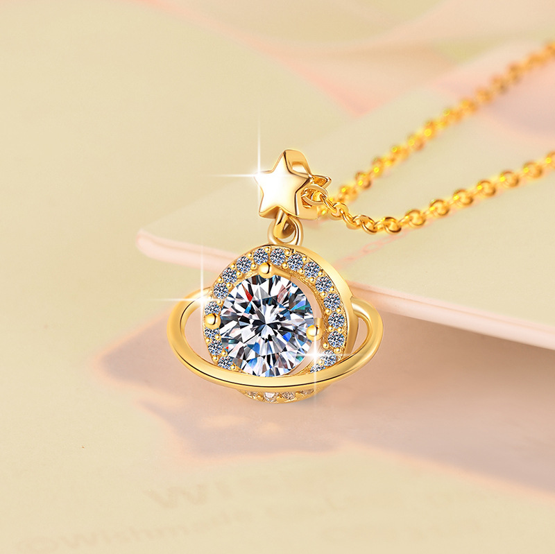 18K Gold Plated Moissanite Necklace | S925 Silver Tarnish-Resistant | Celestial Planet & Flapper Skirt Design | 1CT Diamond Alternative with Lase
