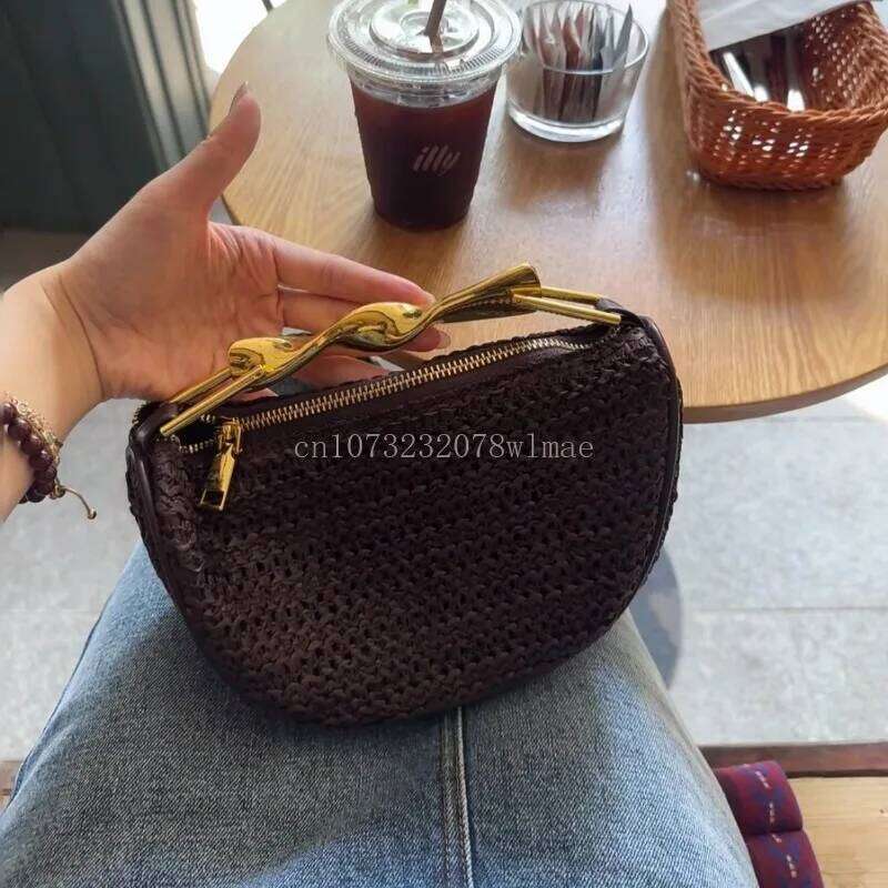 Rattan Half-Moon Tote Design Gold Handle Handbag Women's Woven Straw Bucket Bag Purse Casual Shopping Braided Bags