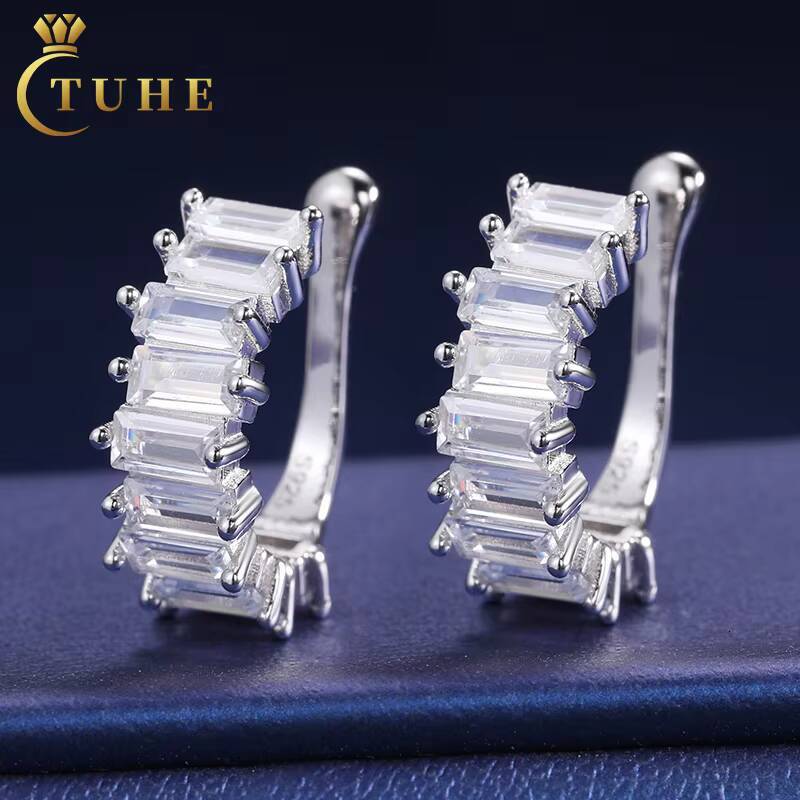 925 Sterling Silver Baguette Zircon Earrings Ins Hot Sells Iced Out Emerald Cut Diamond Cuff Earrings for Men Women