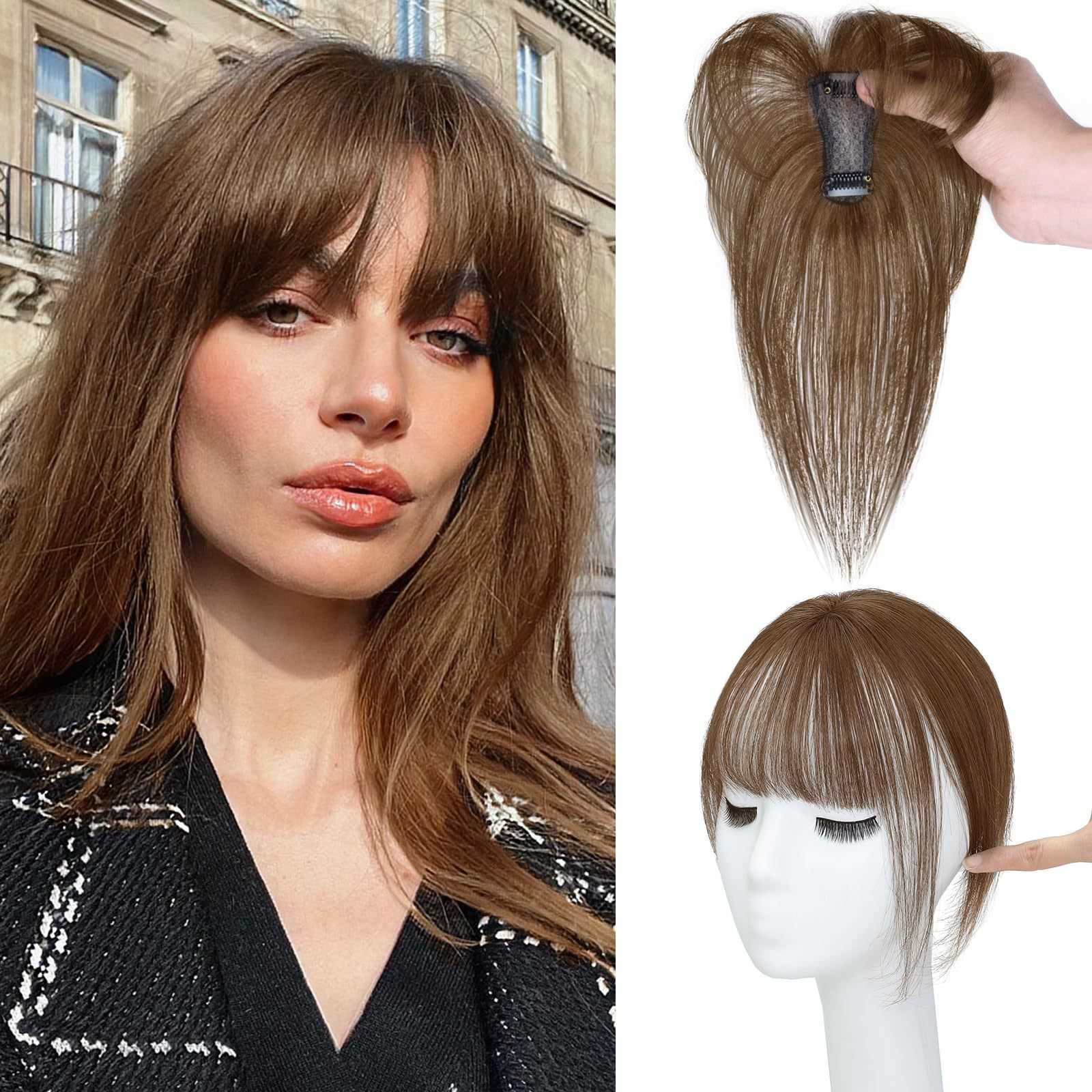 3D French-style faux-hair with real hair for full fringe for women with brown top hair 100% genuine human hair from Europe S25731
