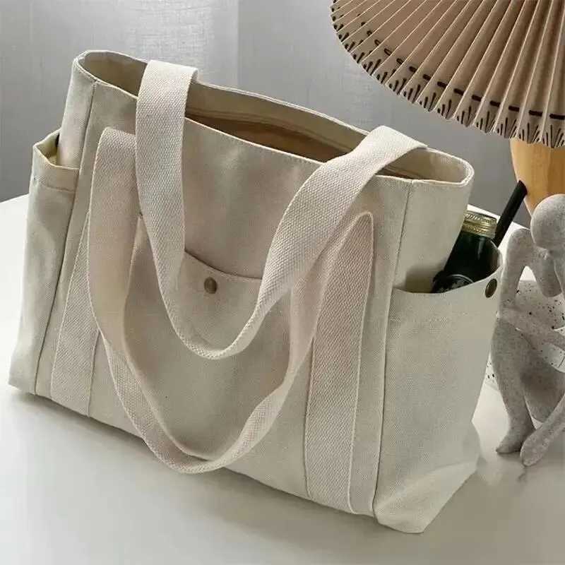 Canvas Womens Shoulder Bag Large Capacity Multiple Outer Pocket Zipper Tote Bag Student Handbag Shopping Y250730