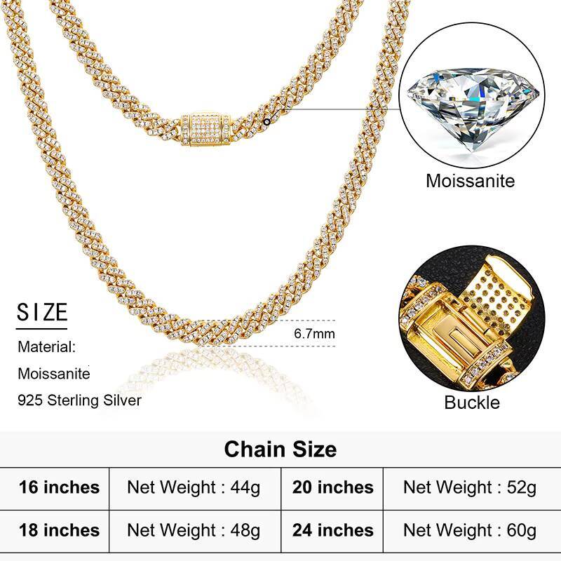 High Quality Luxury Jewelry 6mm 18K Gold Plated 925 Sterling Silver VVS Moissanite Iced Out Miami Cuban Link Chain Necklace