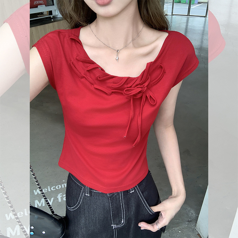 2025 American retro lace up off shoulder short sleeved T-shirt summer new slim fit top new designer T-shirt