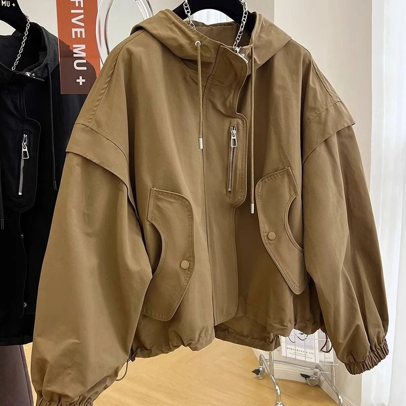 High-end n Niche Unique Hooded Casual Top Loose Workwear Jacket Womens Spring Autumn Short Windbreaker Trendy Jacket Chic 250728