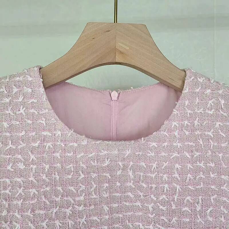 Short Tweed Dress Women's Pink Tank Pearl Bow Pocket Prom Party Vestido Mini Robe Tassels Sweet Evening Dresses dongdumaoyi