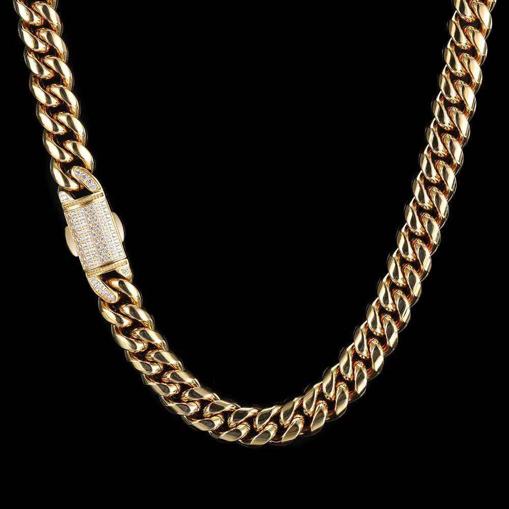 Best Seller Men's Personalized Stainless Steel Cuban Link Chain Necklace Full Dia Hip-Hop Style Gold Plating Spring Buckle