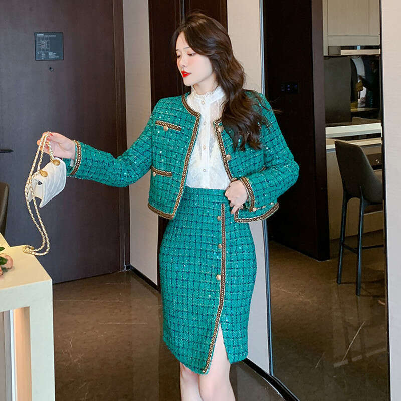 Socialite Elegant Green Tweed High-End Coat Irregular Bodycon Skirt Set 2023 New Thickened