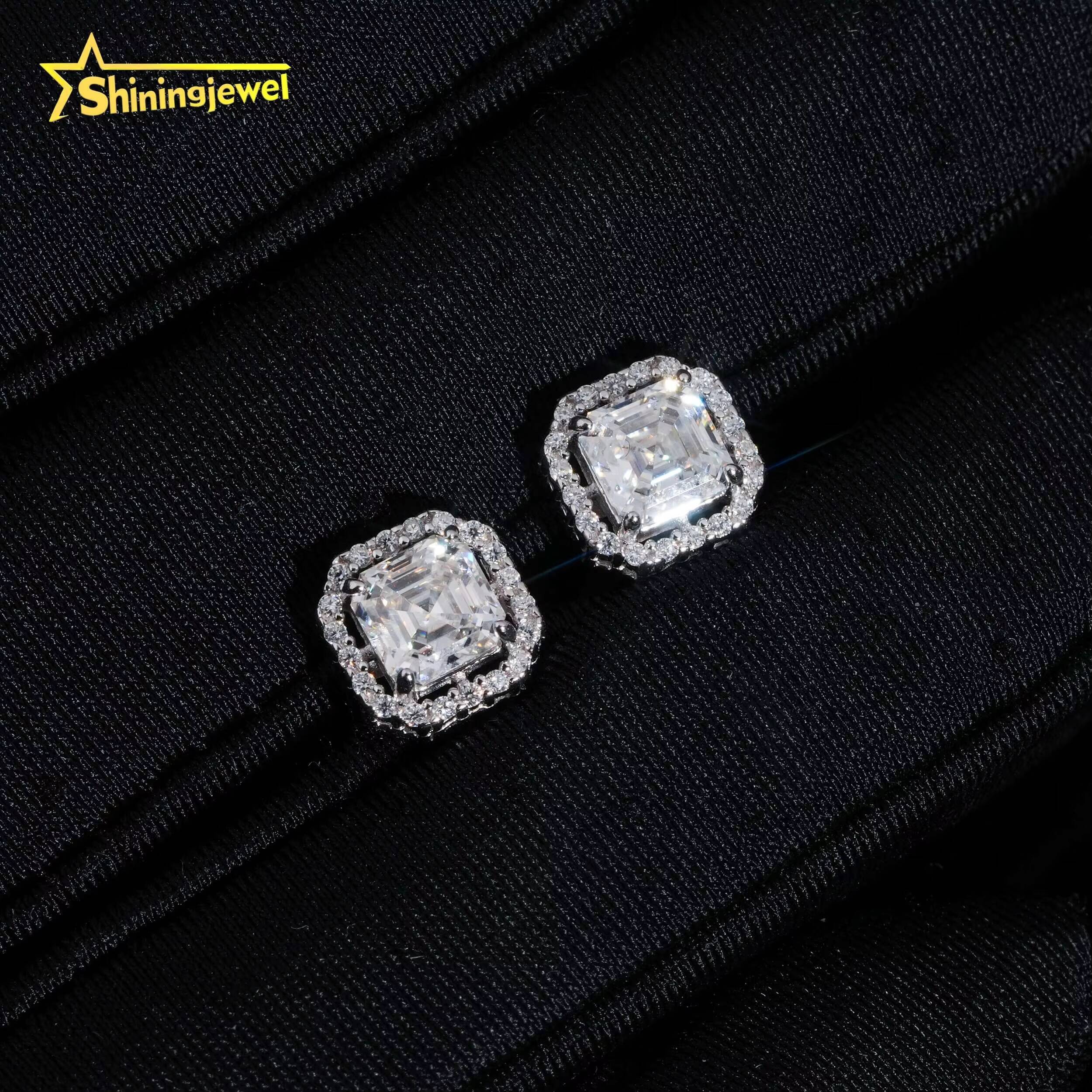 GRA Certified Hip Hop Moissanite Diamond Asscher Cut 5*5mm Halo Square 925 Sterling Silver Earrings