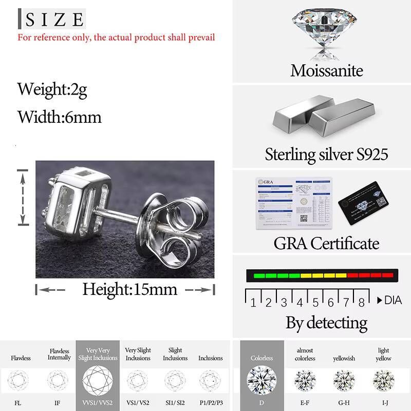 Asscher Cut 925 Sterling Silver Vvs Moissanite Square Stud Earrings Factory Wholesale White Gold Plated Rust Proof Ear Studs