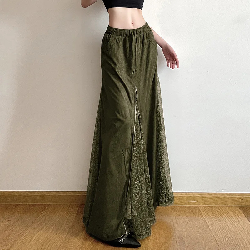 Women Vintage Suede Nap Lace Patchwork Hem Zip Long Skirt Cyber Y2K Chic Drawstring Pocket Aline Skirts Lady Grunge Streetwear 250730