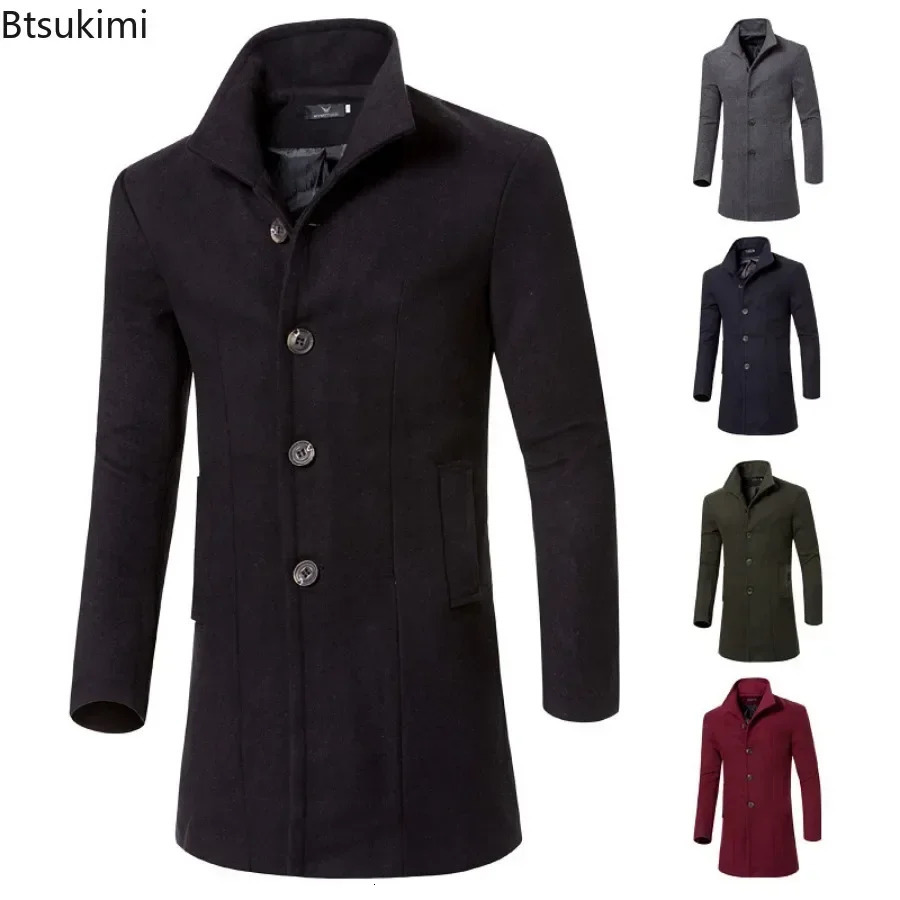 2025 Mens Warm Woolen Trench Jacket Solid Slim Woollen Coats Male Fashion Windproof Stand Collar Long Outwear for Men 250729