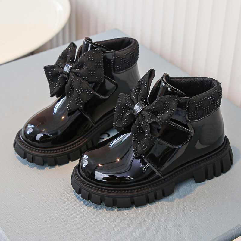 Sweet bow girls short boots glossy princess style children's boots cute baby leather boots
