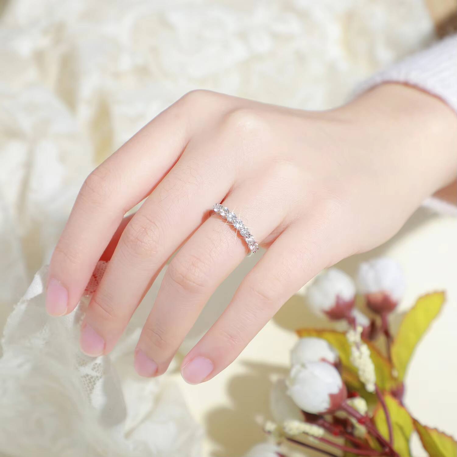 Silver S925 2mm Round Brilliant Cut Moissanite Stone Wedding Eternity Band Ring Ready to Ship Engagement Ring Women Jewelry