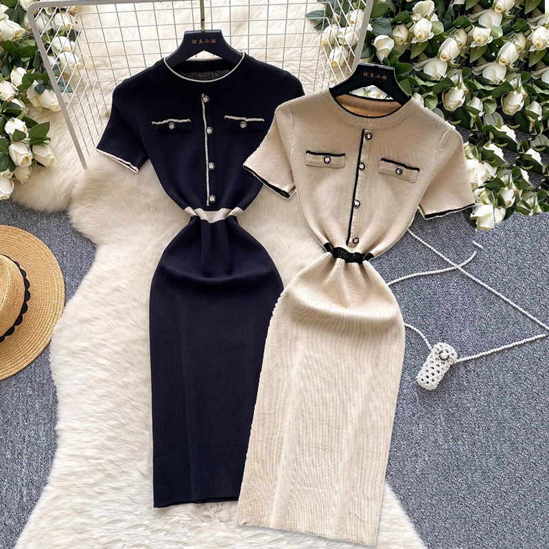 Spring Summer Sexy Short Sleeve Knitted Dress Sheath High Waist Bodycon Skirt Color Block n Korean Mini Dresses 250731