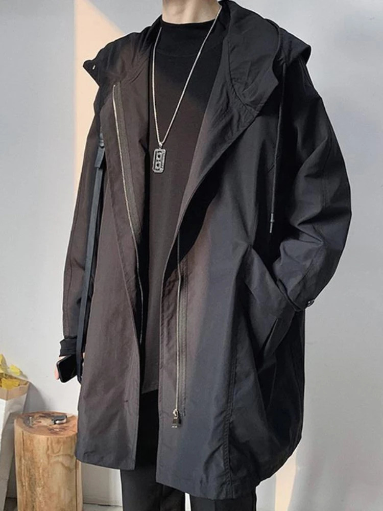 Windbreaker Mens Midlength Spring Autumn Trench Coat Hooded Jacket Korean Trend Handsome Preppy Cape Cloak Punk Streetwear 250729