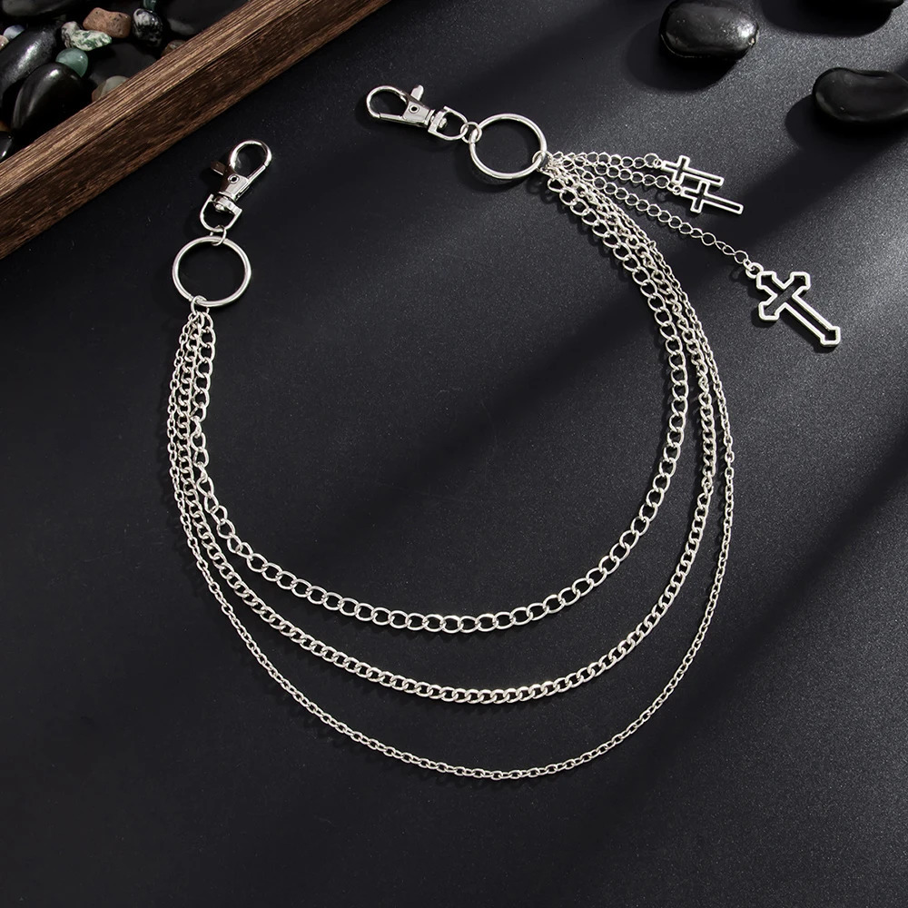 Punk Silver Color Multilayer Cross Pendant Pants Chain for Women Fashion Hip Hop Rock Jean Chain Waist Chain Decor Jewelry 250729
