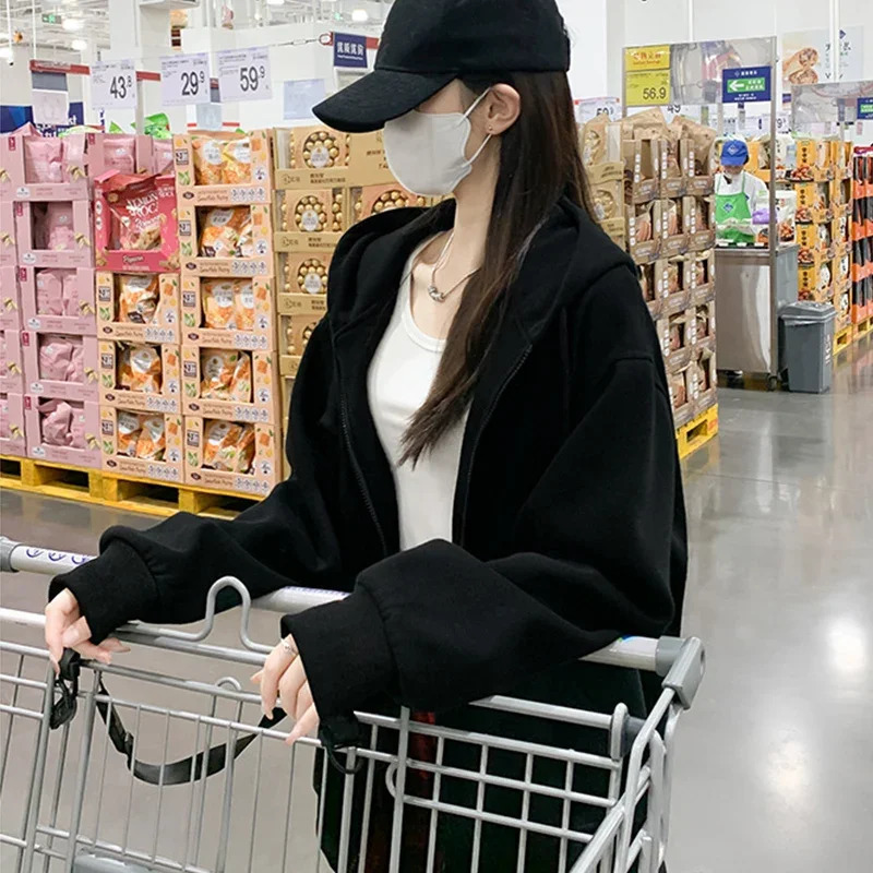 Spring Autumn Womens Casual Hooded Sweatshirt Loose Lazy Style Versatile Cardigan Coats Korean Simple ZipUp Drawstring Hoodies 250731