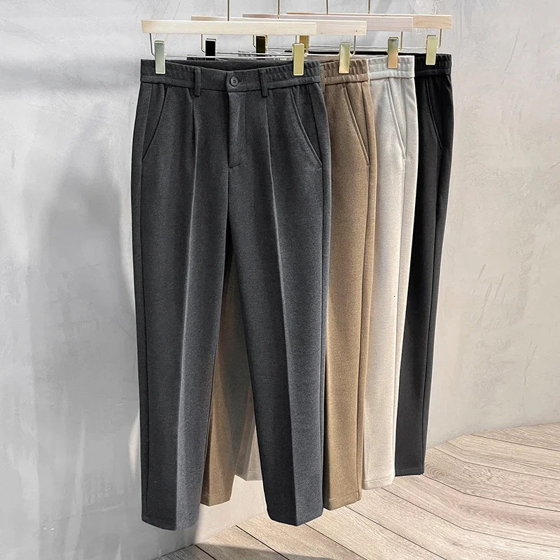 Autumn Winter Suit Pants Men Thick Business Elastic Waist Classic Grey Brown Woolen Straight Korean Formal Trousers Male 2738 250731