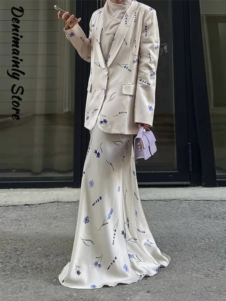 Elegant Print Jacket Skirt Set Women Lapel Full Sleeve Loose Coat Straight Long Skirts 2025 Autumn Lady Chic 2 Pieces Suit 250728