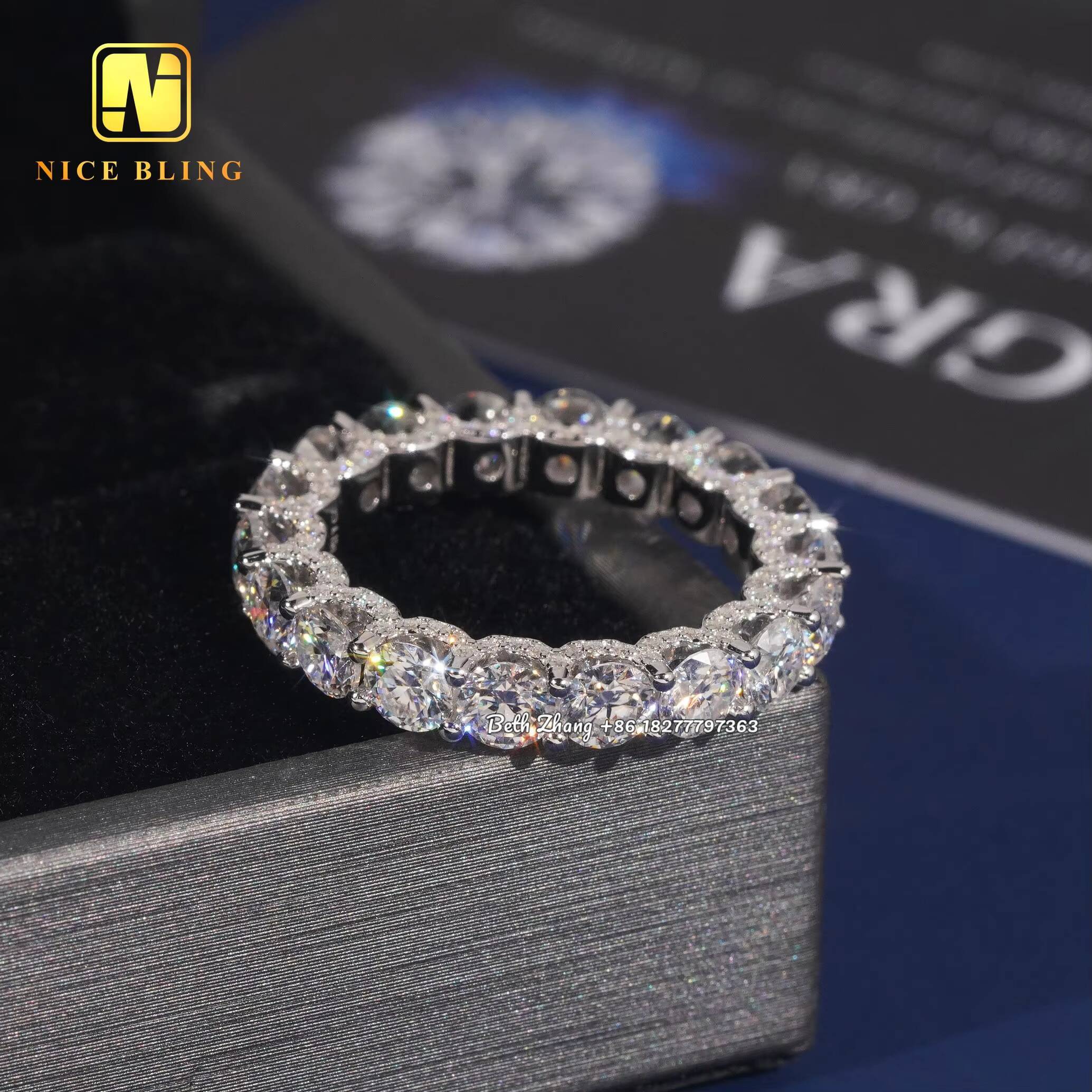 Luxury Moissanite Engagement Rings Iced Out 4MM Diamond Tennis Rings 925 Silver Wedding Bands With Side Stones