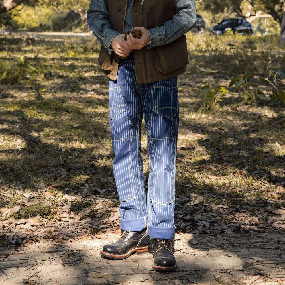 Red Tornado Double-Front Indigo Wabash Stripes Canvas Pants Derrickman Overalls Ameki