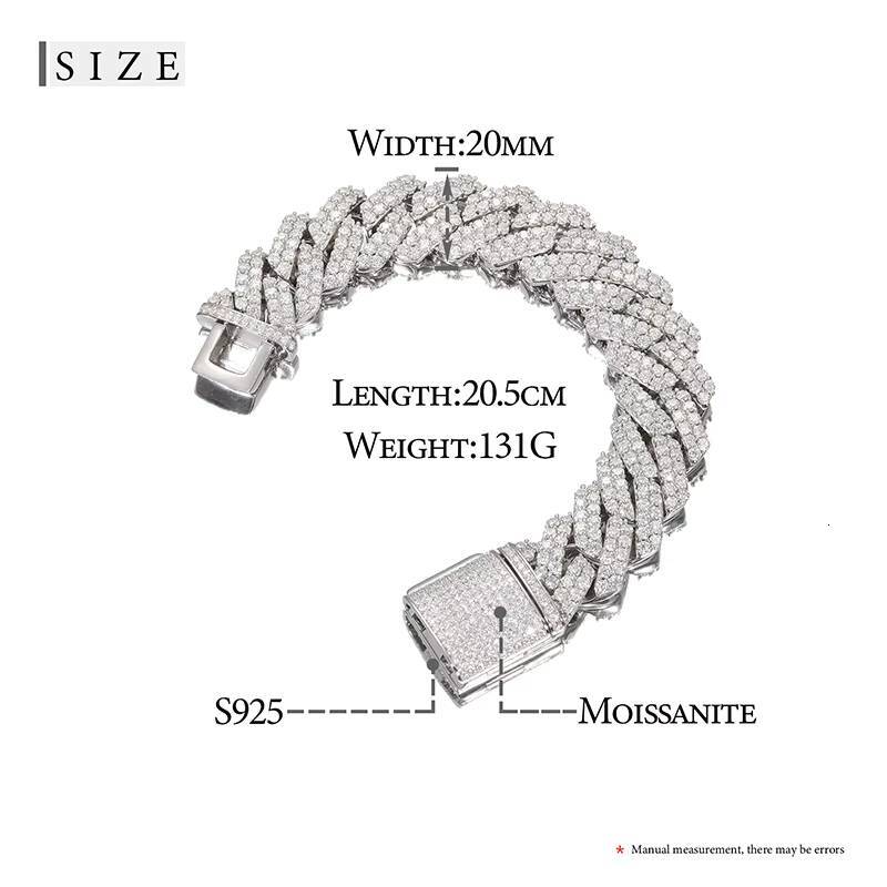 Bling 20mm 8inch Hiphop Cuban Chain Real 925 Sterling Silver VVS Moissanite Cuban Link Chain Bracelet