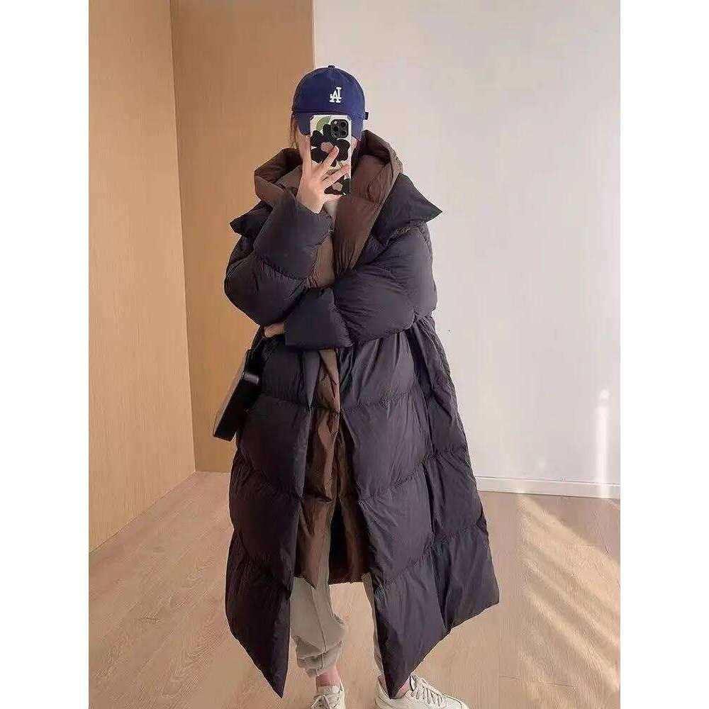 New White Duck Hooded Fake Two Piece Long Knee Down Jacket Winter Women's Warm Pike Coat 250728