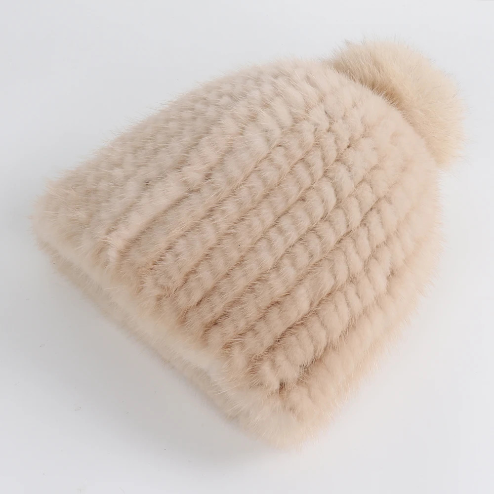Winter Women Natural Mink Fur Hat Hand Knitted Warm 100% Genuine Mink Fur Cap Russia Lady Mink Fur And Fox Fur Pompons Hats 250724
