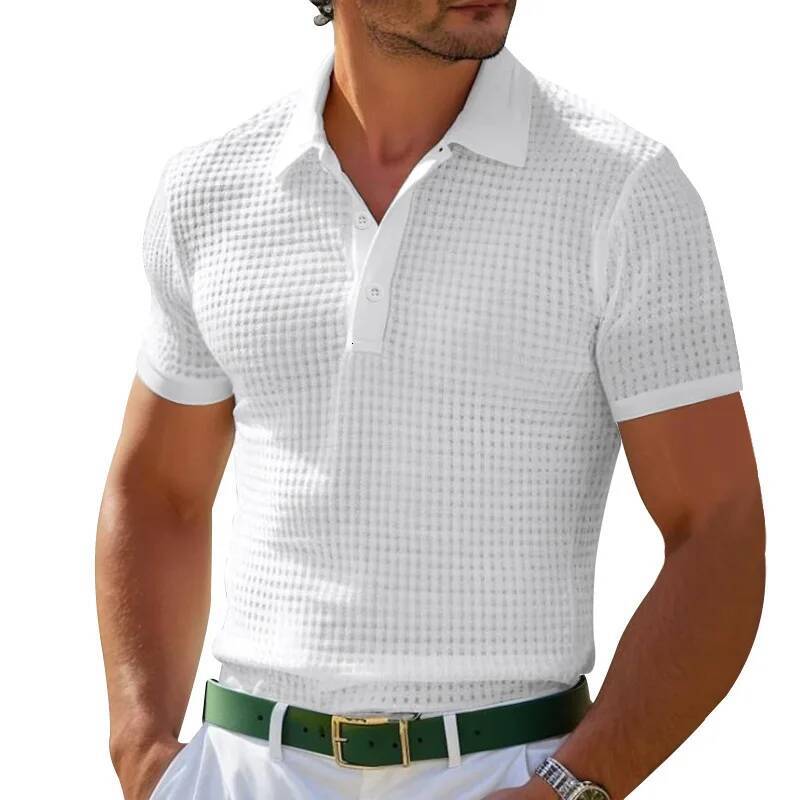 2025 Summer POLO Button Waffle Men's T-Shirt Sports Polo Shirt
