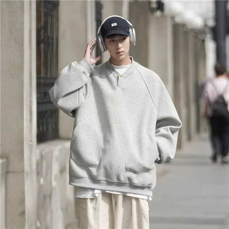 Mens Autumn New Round Neck Long Sleeve Sweatshirt Loose Solid Color Pullover Top XJ250731