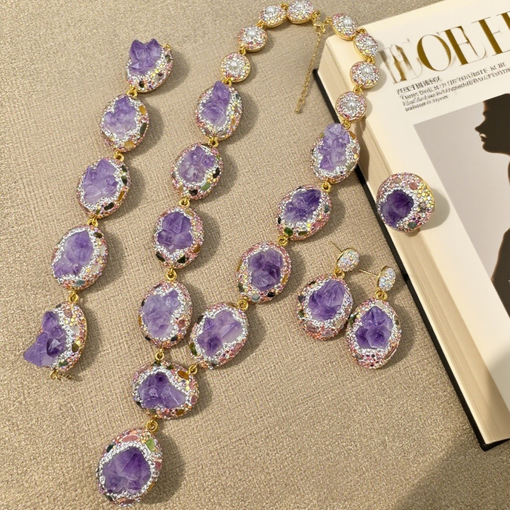 Luxury 3 in 1 Rough Natural Amethyst Crystal Set for Women Personalized Raw Stone Necklace Earrings Rings Quartz Jewelry Party Gifts