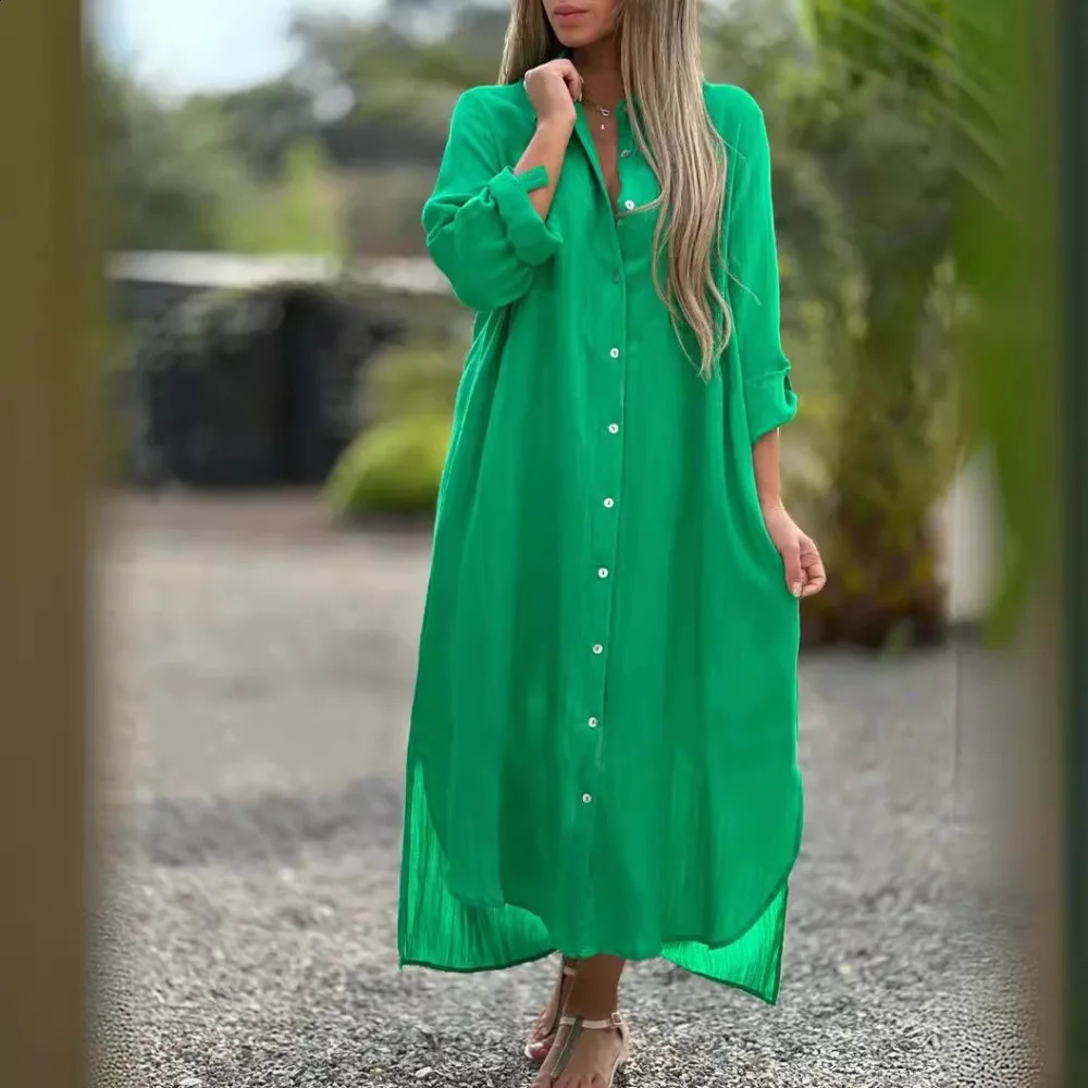 Womens Dress Cotton Linen Shirt Long Skirt Fashion Casual Long Sleeve Cardigan Dress 250725