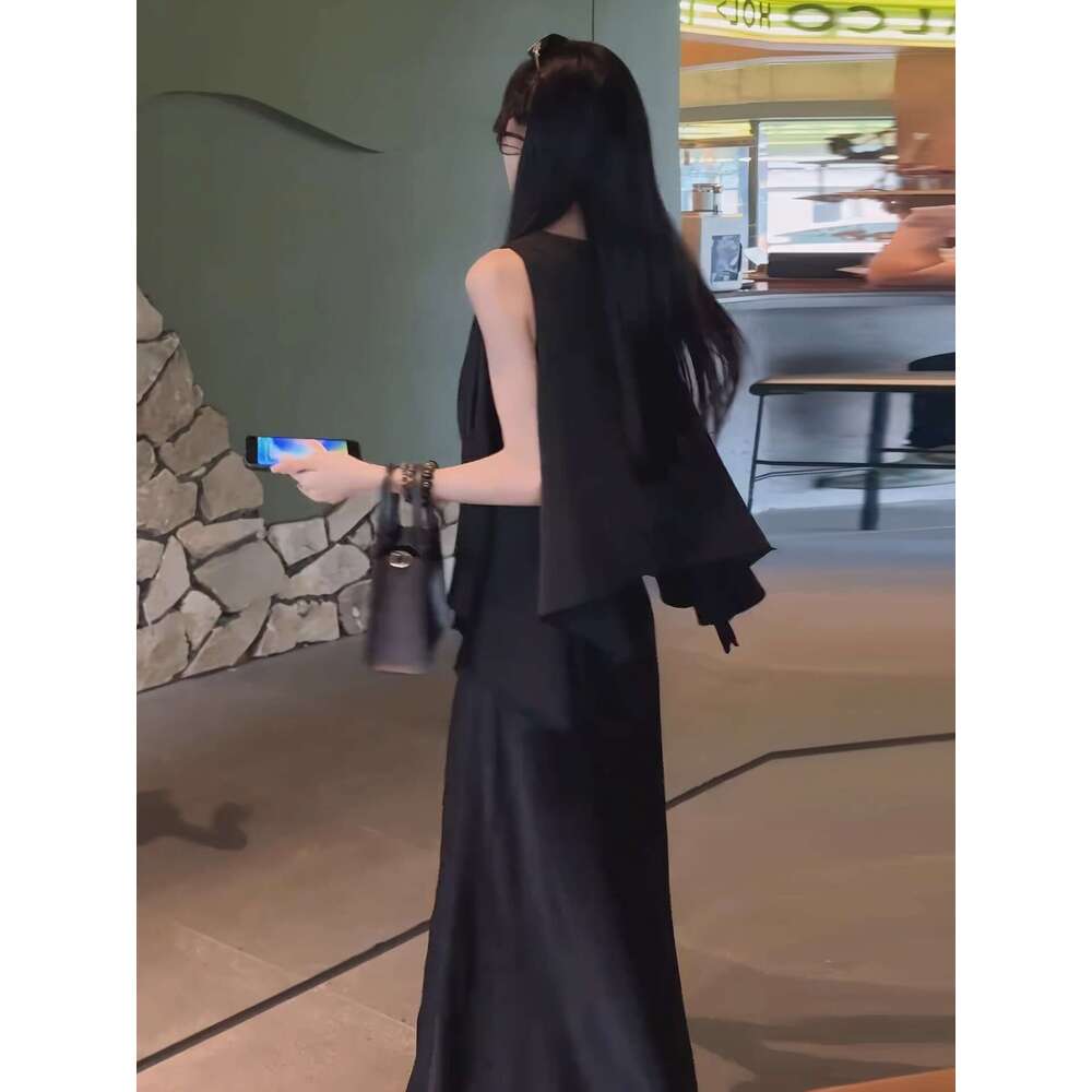 Summer Outfit Set for Women Plus Size Black Sleeveless Top and Skirt Hepburn Style Age-Reducing Super Popular Dress