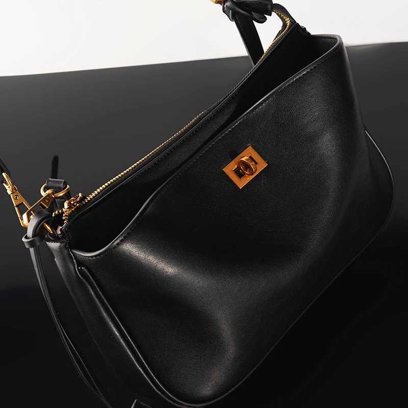 Women Shoulder Bags Cowhide Leather Black Handbags For Women FAshion Gold SiLVer Design Underarm Bags Y250730