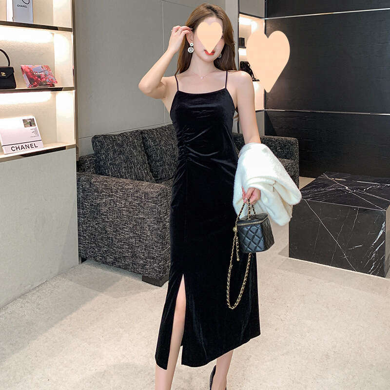 New Velvet for Women, Autumn and Winter, Spaghetti Strap, Slit, Inner Layer, High-Value Mid-Length Little Black Dress
