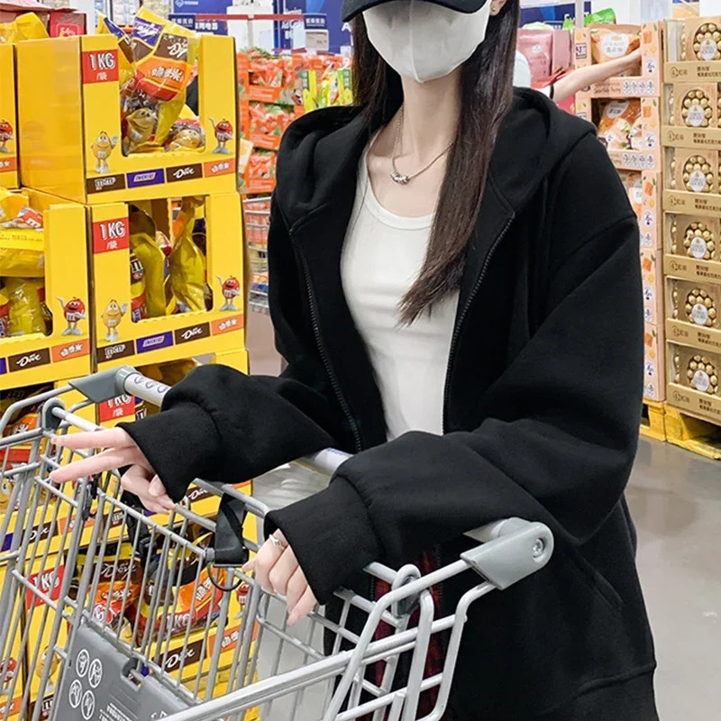 Spring Autumn Womens Casual Hooded Sweatshirt Loose Lazy Style Versatile Cardigan Coats Korean Simple ZipUp Drawstring Hoodies 250731