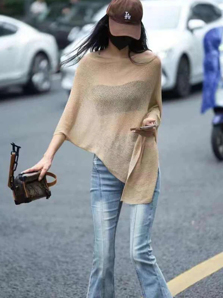 Irregular Cape Shawl Sun Protection Sunscreen Air Conditioning Clothes Women Loose Thin Ice Silk Knitted Top 250731