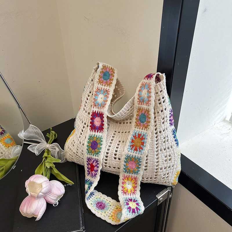 Large Capacity Fashion Boho Tote Bag Trendy Floral Crochet Handmade Knitted Bag Vintage Multicolor Hollow Out Handbag G250729