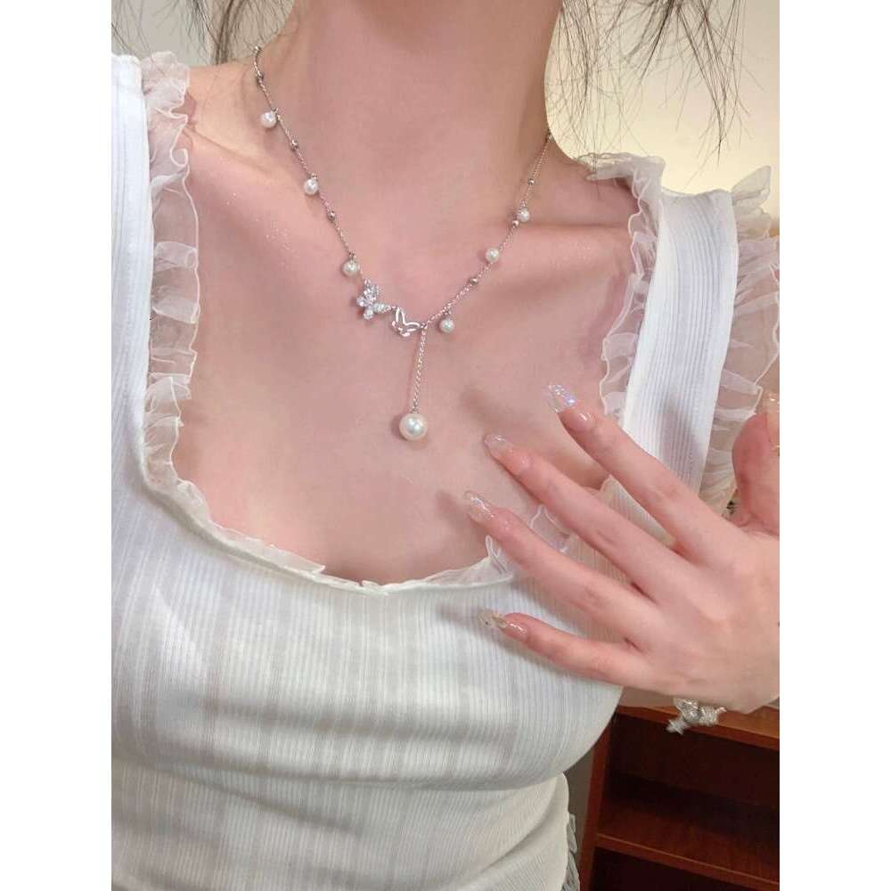 FUXIN2024 New Pearl Butterfly Tassel Necklace for Women, Niche Design with High-end Feel, Collarbone Chain, Versatile 94e